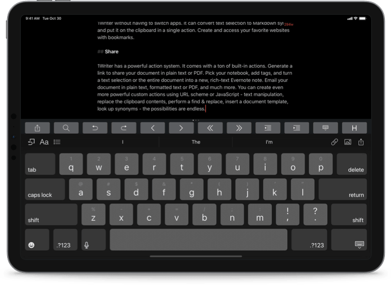 Screenshot of 1Writer's editor