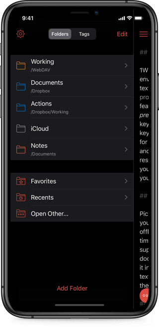 Screenshot of 1Writer's file browser